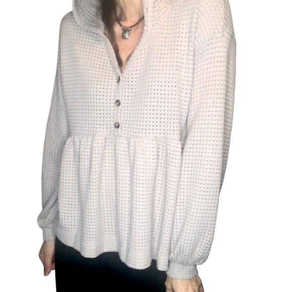 So Thermal Waffle Knit Hooded Top Sz S Peplum Beach Casual Boho Beige Sweatshirt - Picture 2 of 9